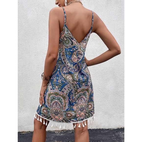 Paisley Floral Print Tassel Hem Cami mini Dress red - Picture 4 of 11